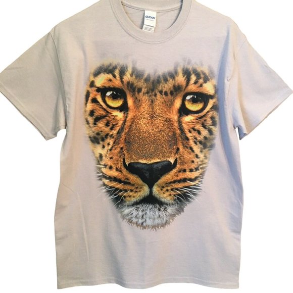 T Shirt Leopard Wild Cat Face Gildan Size Medium Beige NEW NWOT Additional Sizes - Picture 2 of 2
